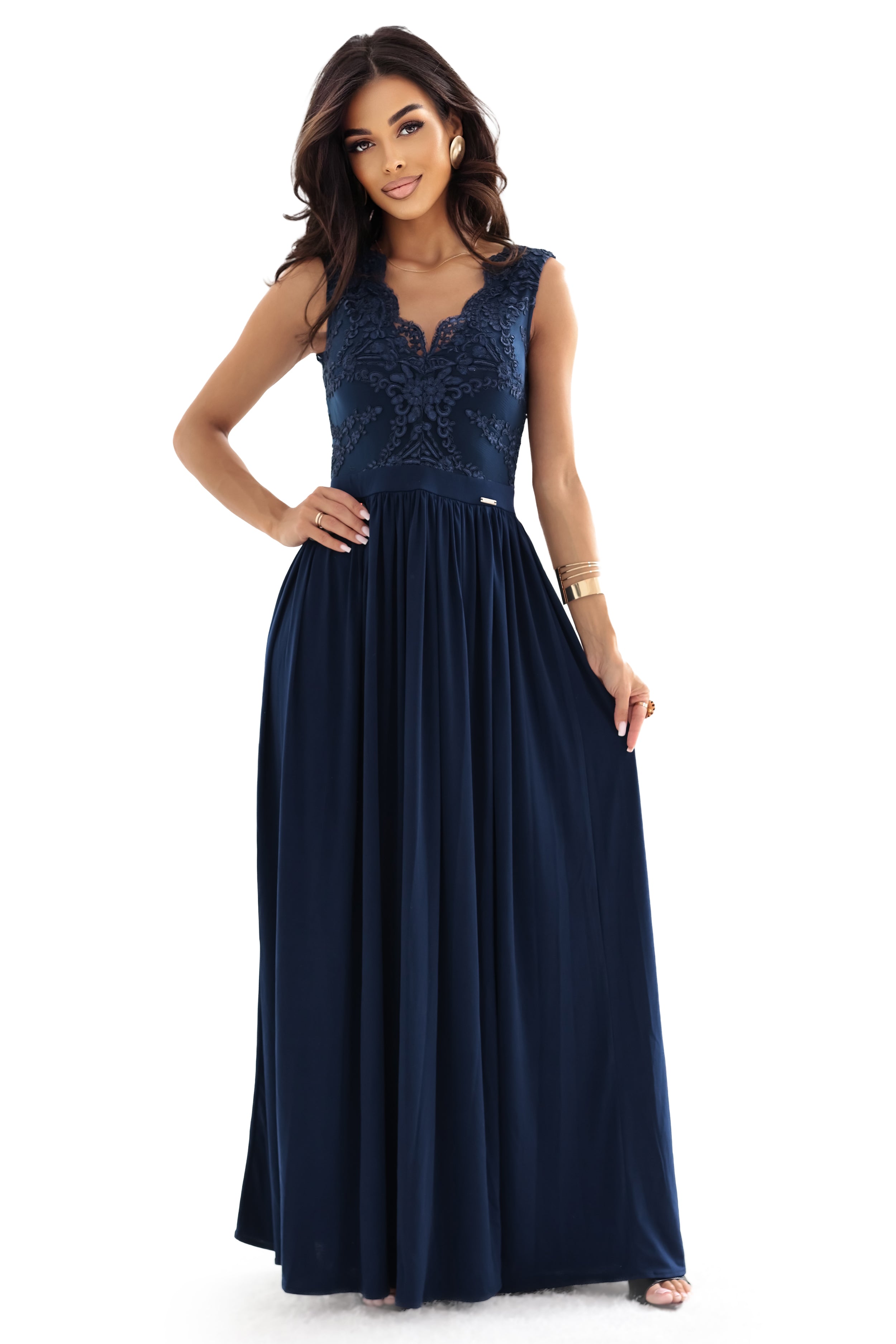 215-6 LEA langes elegantes Maxikleid mit Spitzenoberteil und Schlitz am Bein - Marineblau