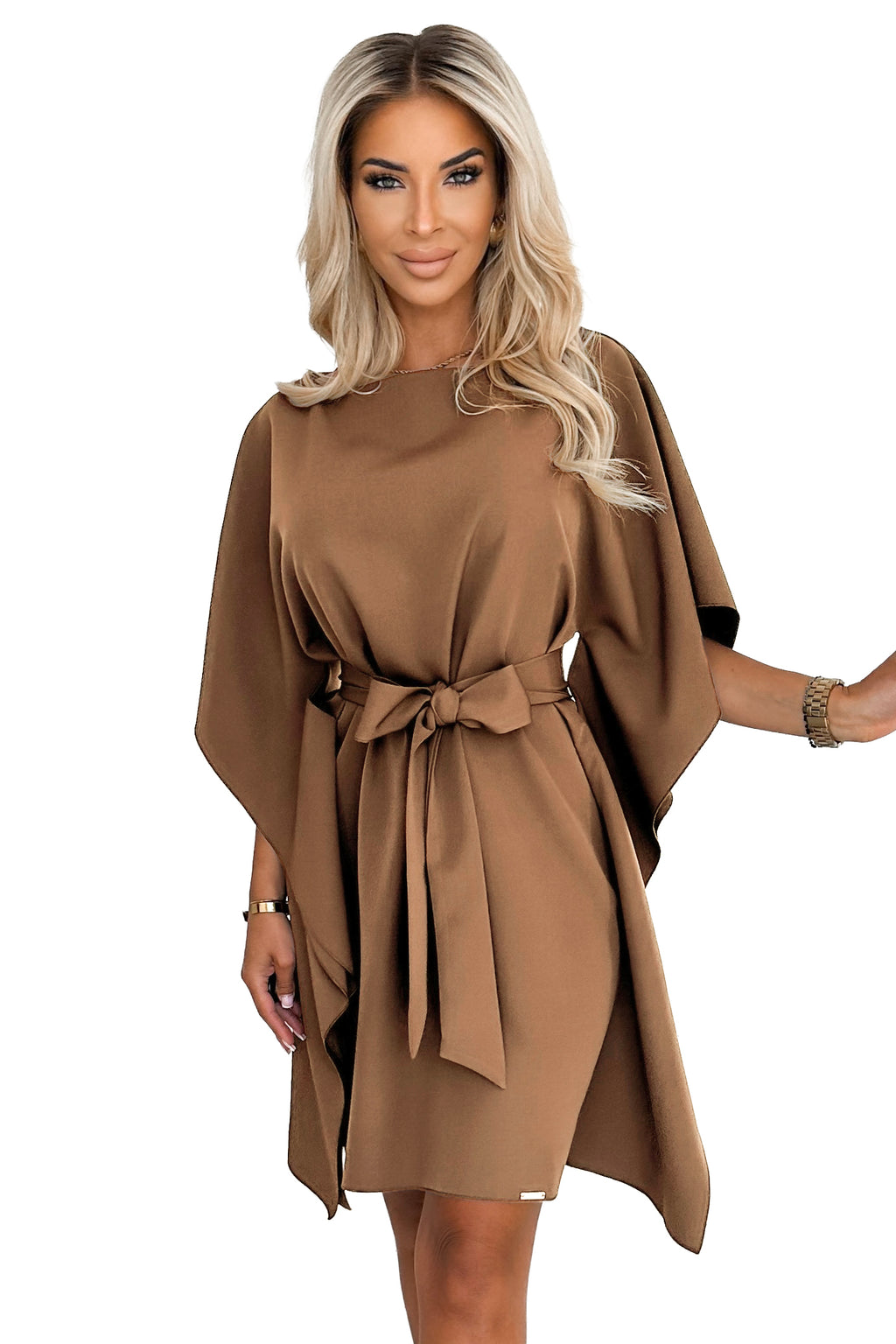 287-39 SOFIA Schmetterlingskleid mit Taillengürtel - Cappuccino