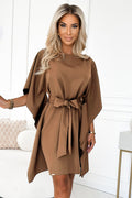 287-39 SOFIA Schmetterlingskleid mit Taillengürtel - Cappuccino