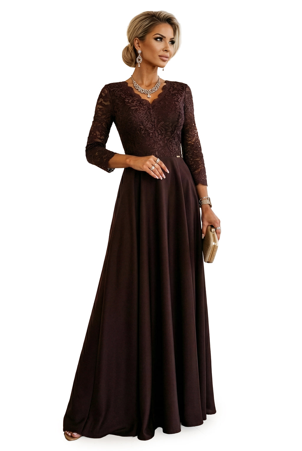 309-14 AMBER Elegantes langes Spitzenkleid mit Ausschnitt - Schokoladenbraun