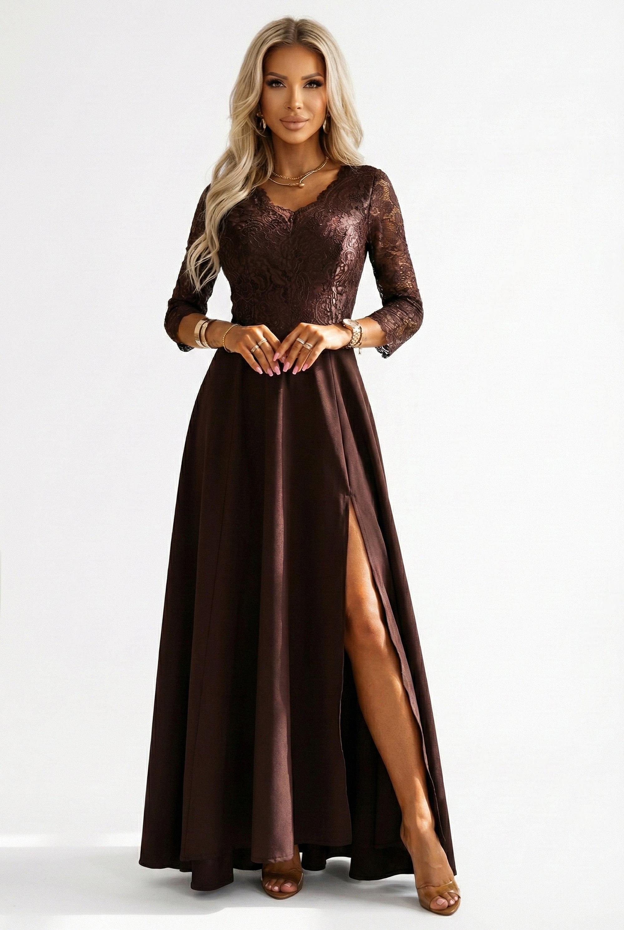 309-14 AMBER Elegantes langes Spitzenkleid mit Ausschnitt - Schokoladenbraun