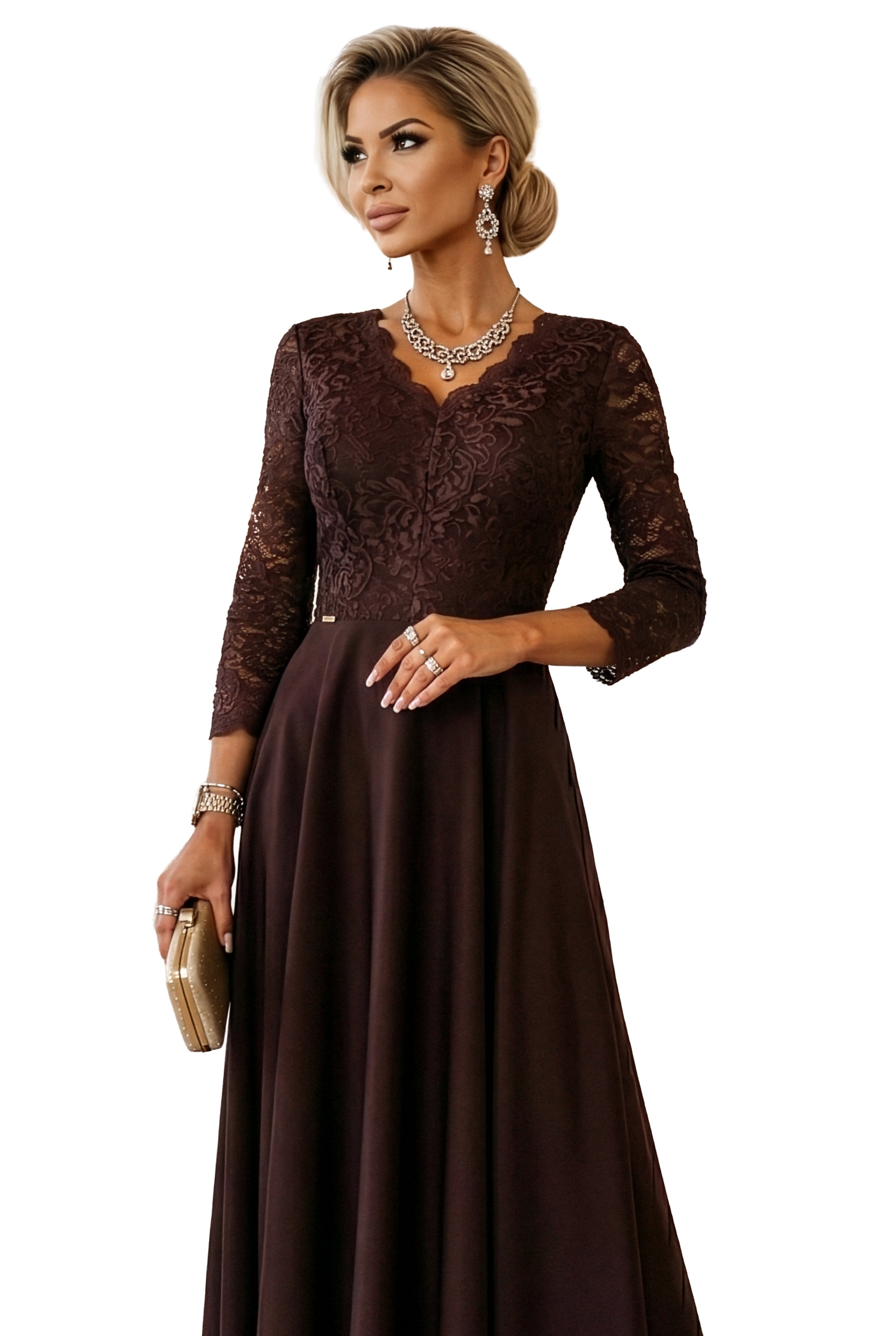 309-14 AMBER Elegantes langes Spitzenkleid mit Ausschnitt - Schokoladenbraun