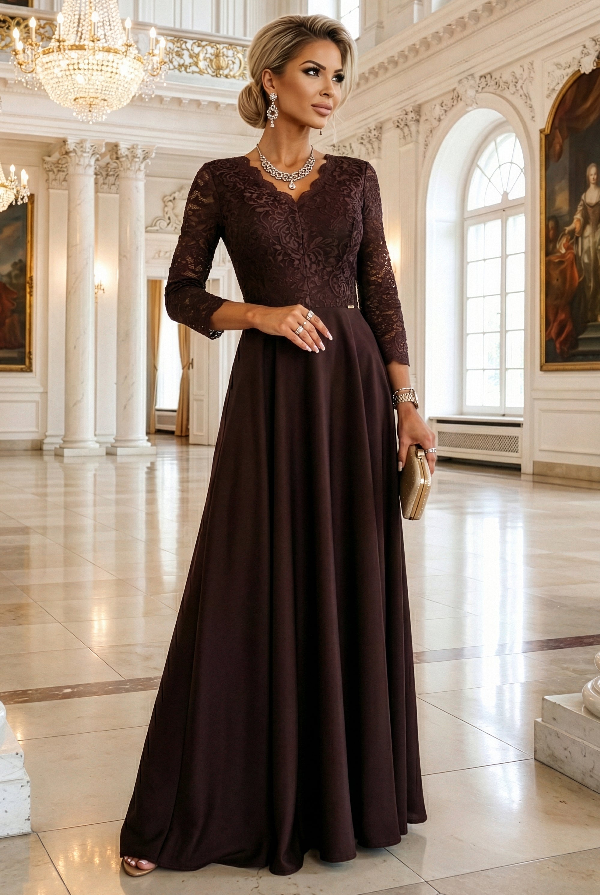 309-14 AMBER Elegantes langes Spitzenkleid mit Ausschnitt - Schokoladenbraun