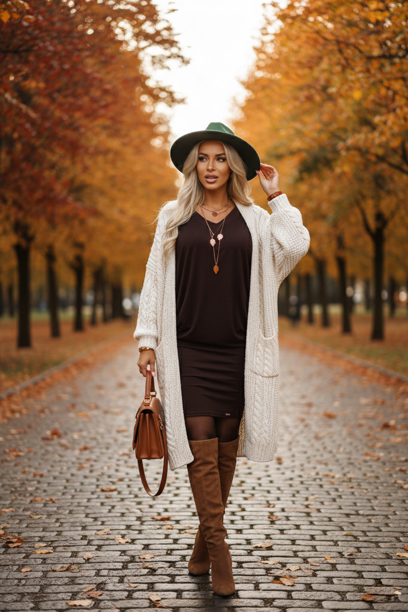 402-9 Bequemes Fledermauskleid mit langen Ärmeln - Schokolade