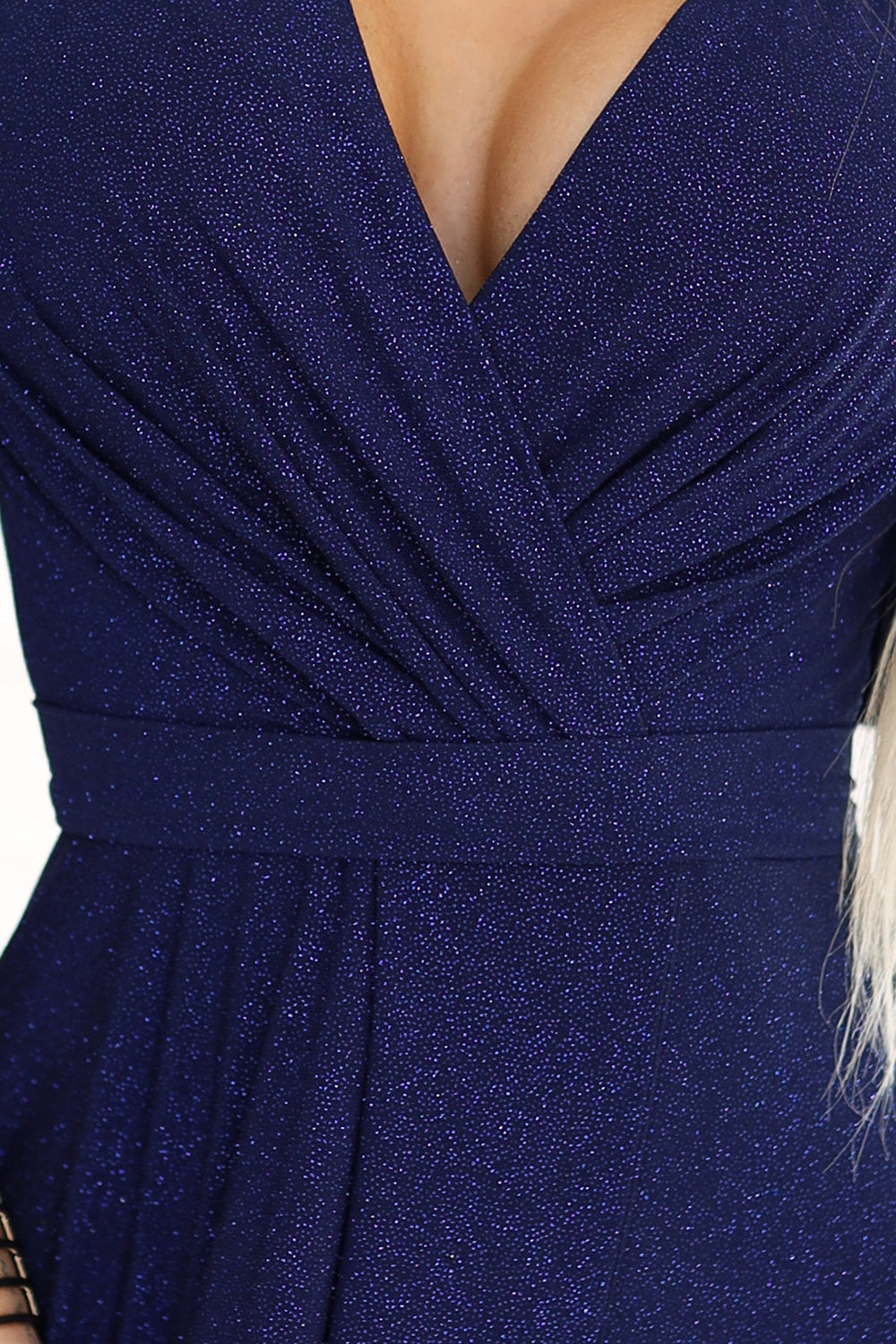 581-5 JENNIFER glänzendes langes Kleid mit Ärmeln und Ausschnitt - Marineblau mit Glitzer