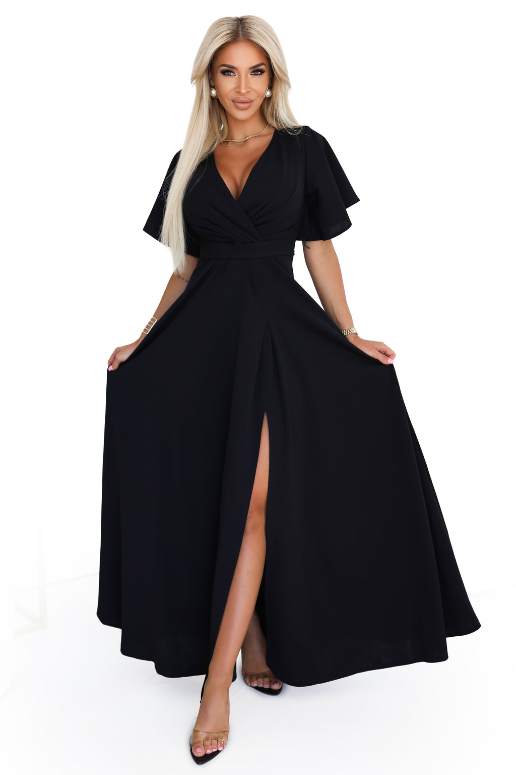 581-7 JENNIFER langes Kleid mit Beinschlitz, Ärmeln und Ausschnitt - schwarz