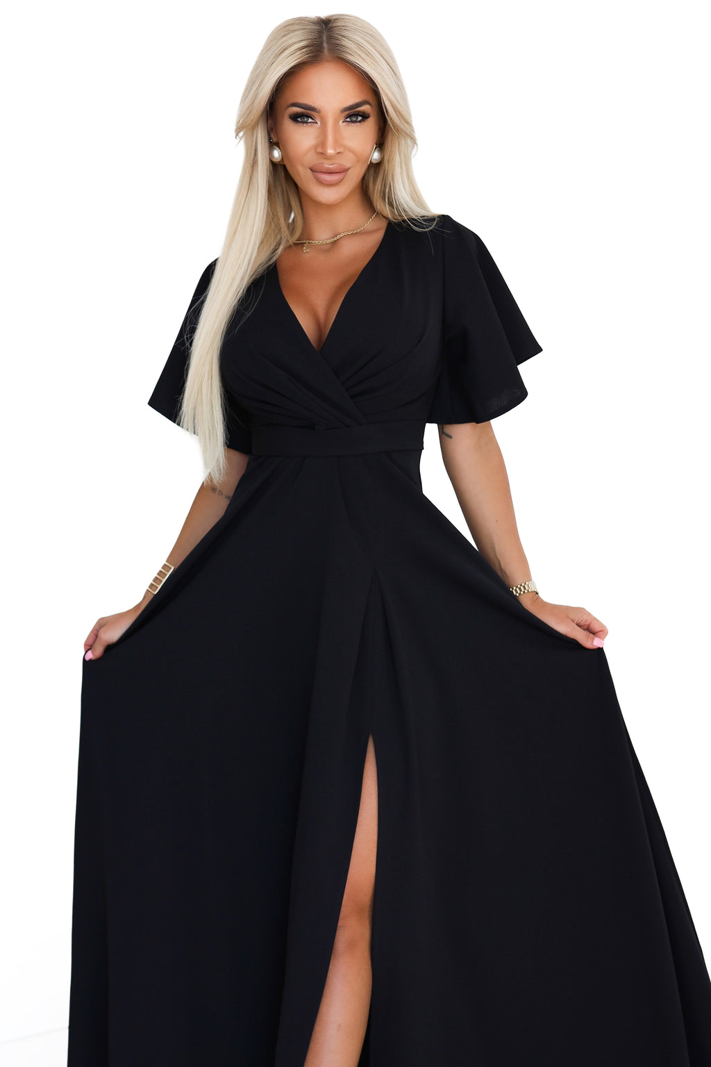 581-7 JENNIFER langes Kleid mit Beinschlitz, Ärmeln und Ausschnitt - schwarz