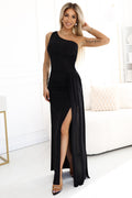 600-1 SELENA atemberaubendes langes One-Shoulder-Kleid mit Glitzerglanz und Schlitz am Bein - SCHWARZ