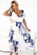 601-1 Luftiges Midikleid mit Wickelausschnitt und großem Blumenmuster - Blautöne