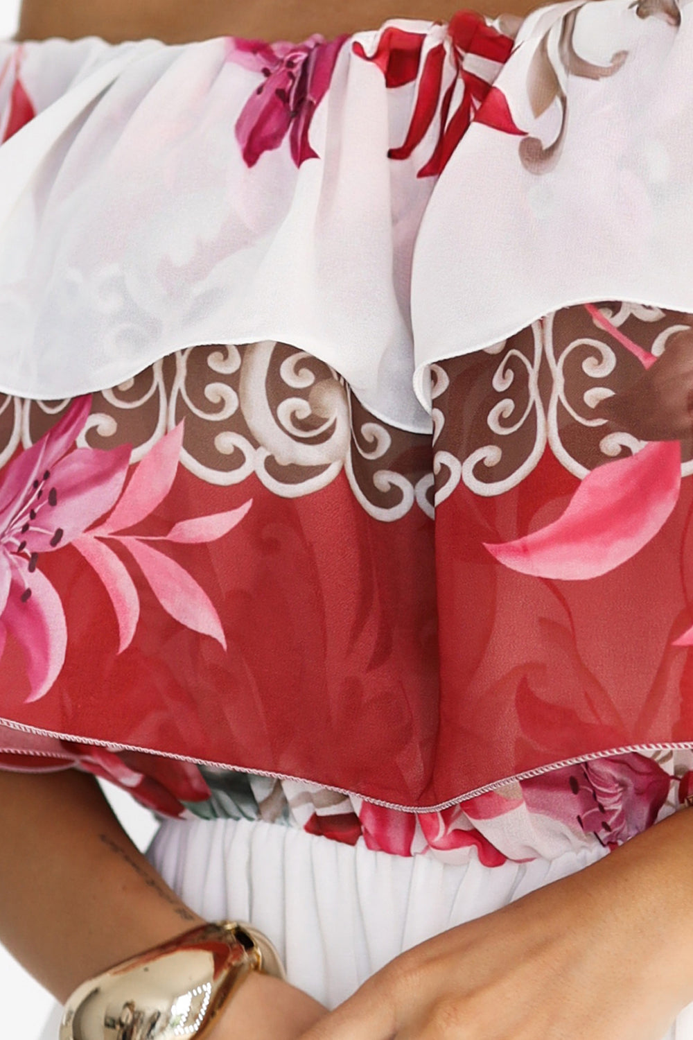 606-1 Langes Sommerkleid mit spanischem Muster - florales rotes Ombre-Muster