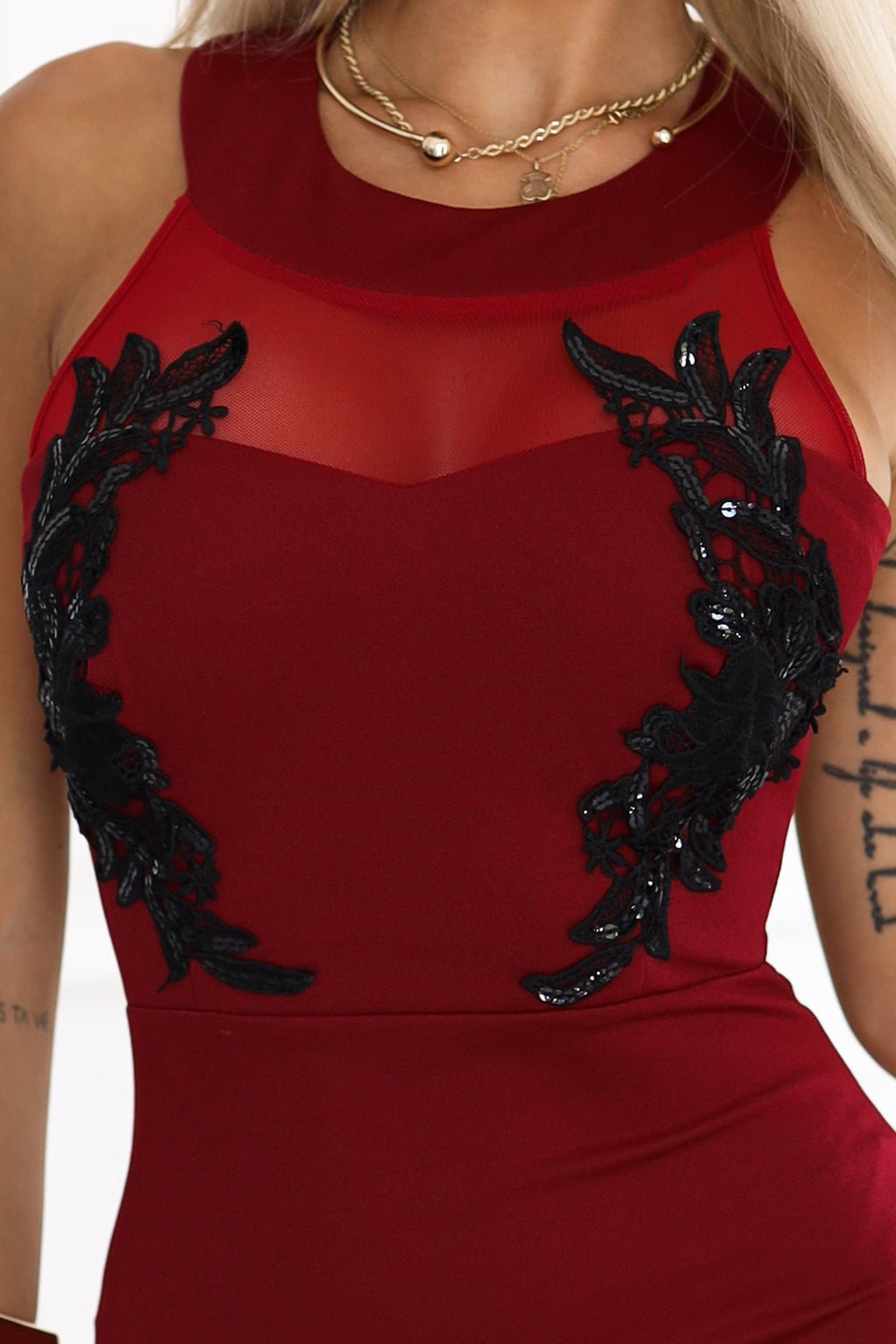 617-2 Langes Meerjungfrauenkleid mit schwarzer Spitze und Netz - Burgunderrot