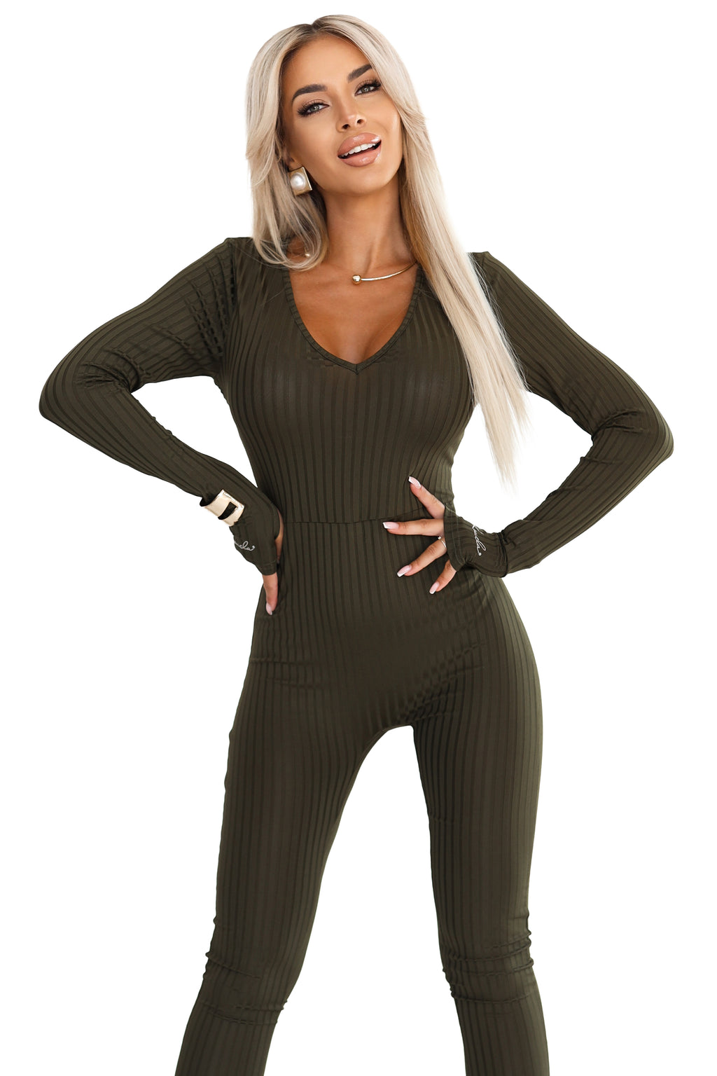 619-2 Bequemer und eleganter gerippter Damen-Jumpsuit mit Ausschnitt - Khaki
