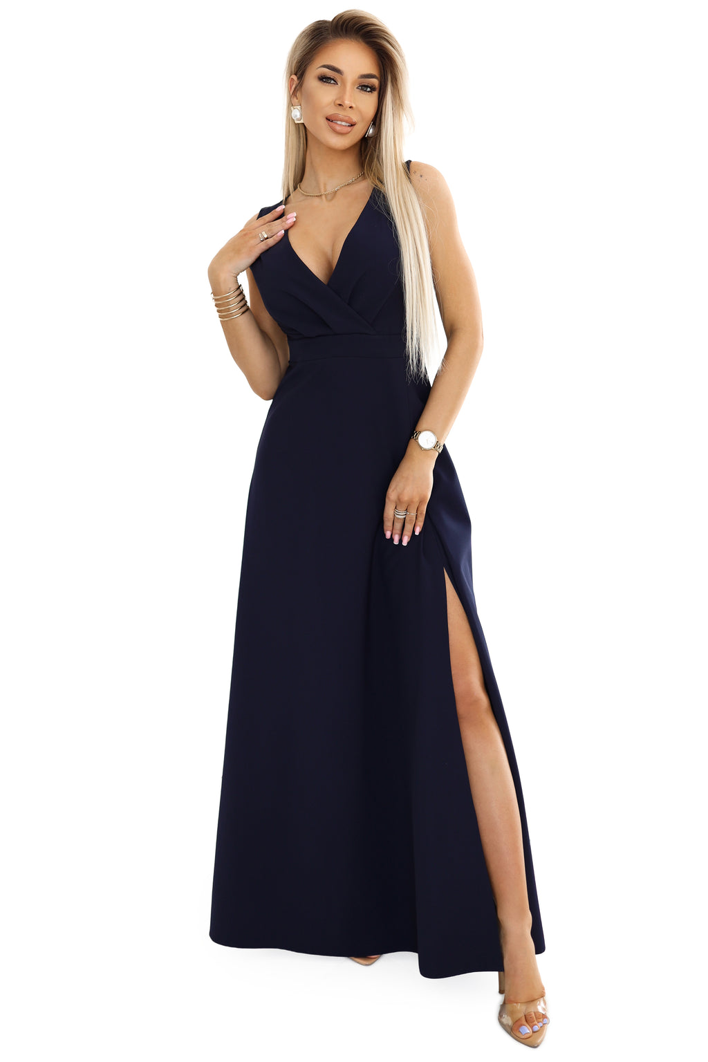 634-1 MIRA elegantes Maxikleid mit Wickelausschnitt und Schlitz am Bein - Marineblau