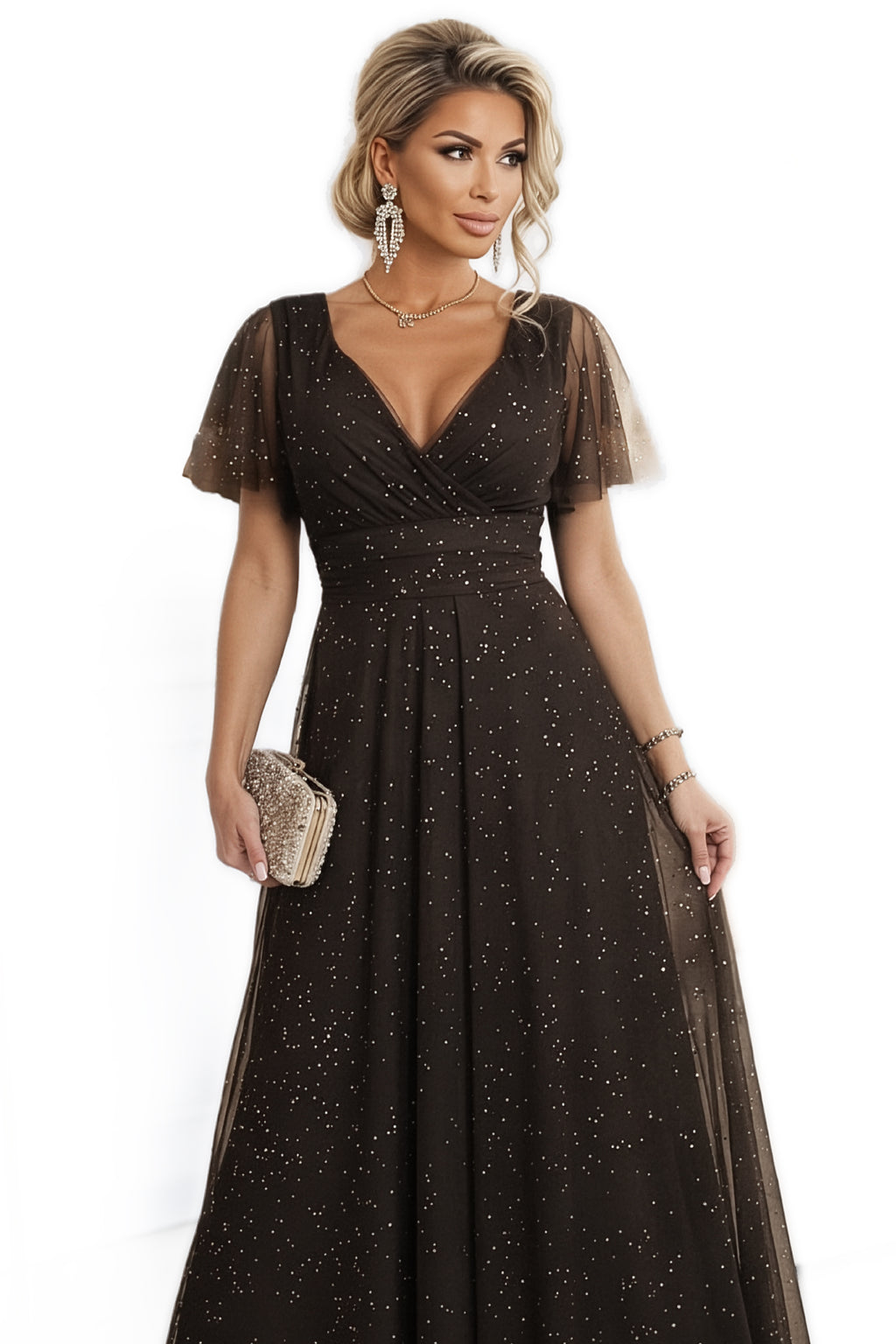 635-4 MELANIA Langes, glänzendes Kleid mit Ausschnitt und kurzen Ärmeln - schokoladenbraun