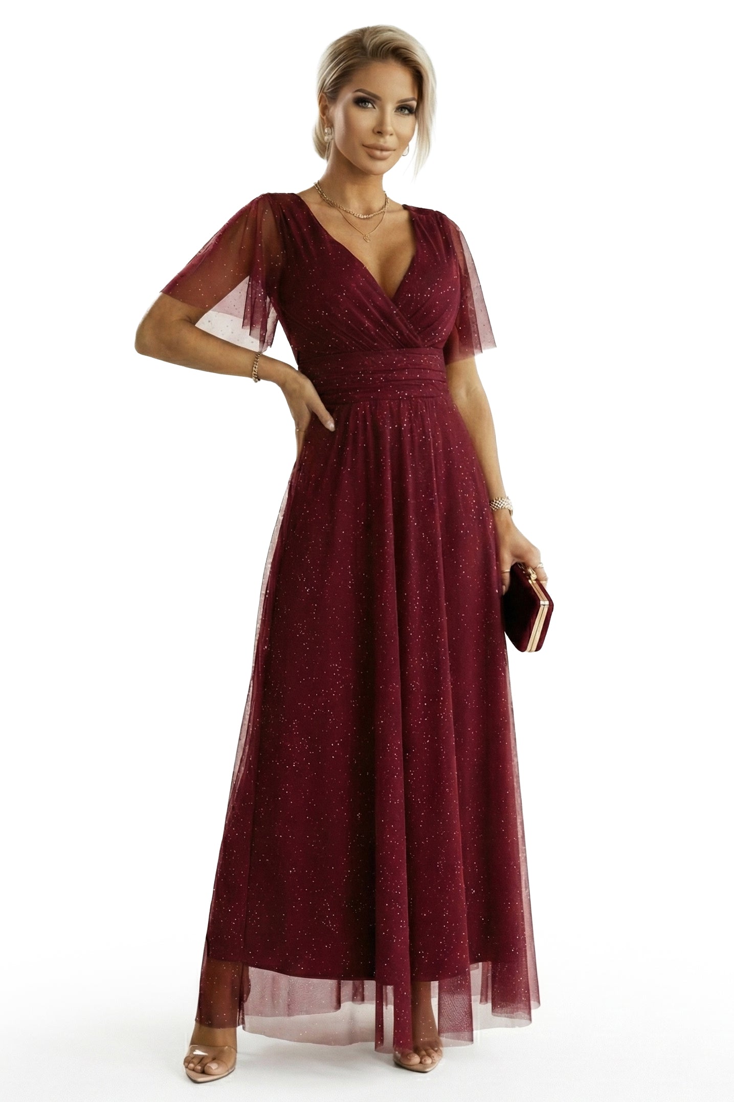 635-5 MELANIA langes, glänzendes Kleid mit Ausschnitt und kurzen Ärmeln - bordeauxrot