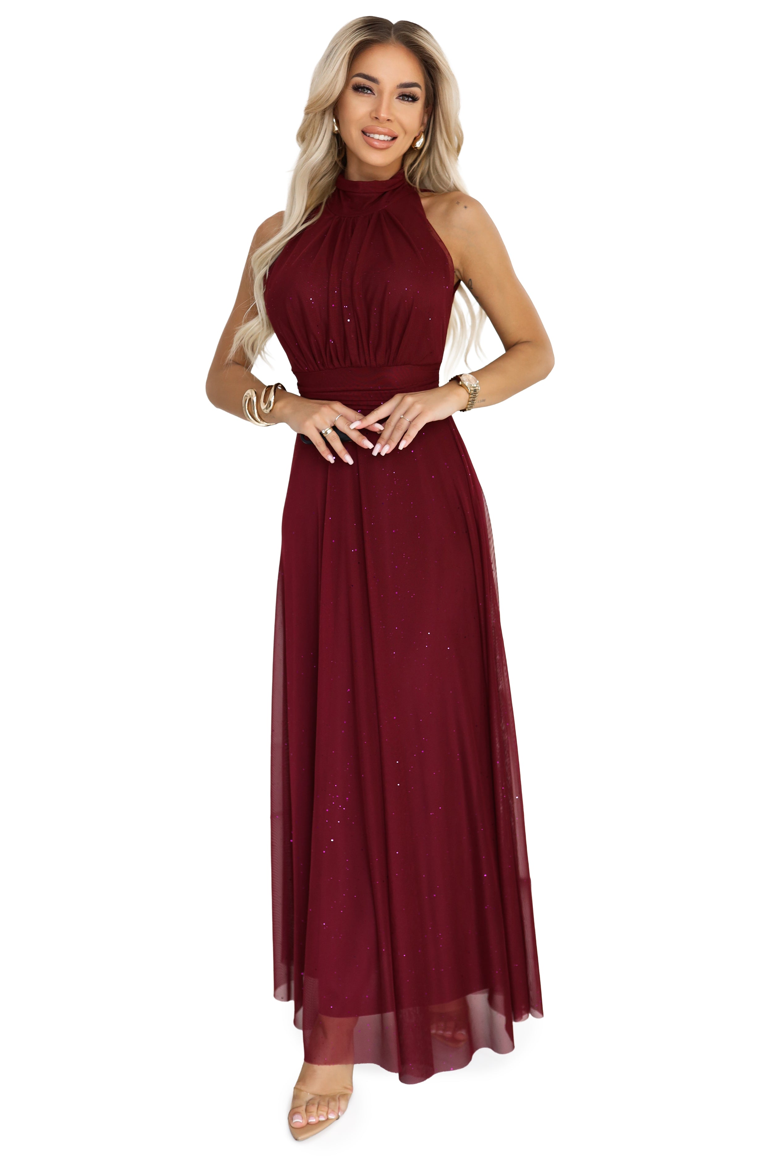 636-1 VERONICA luxuriöses langes Kleid mit Brokat-Akzent und schicker Form - Burgunderrot