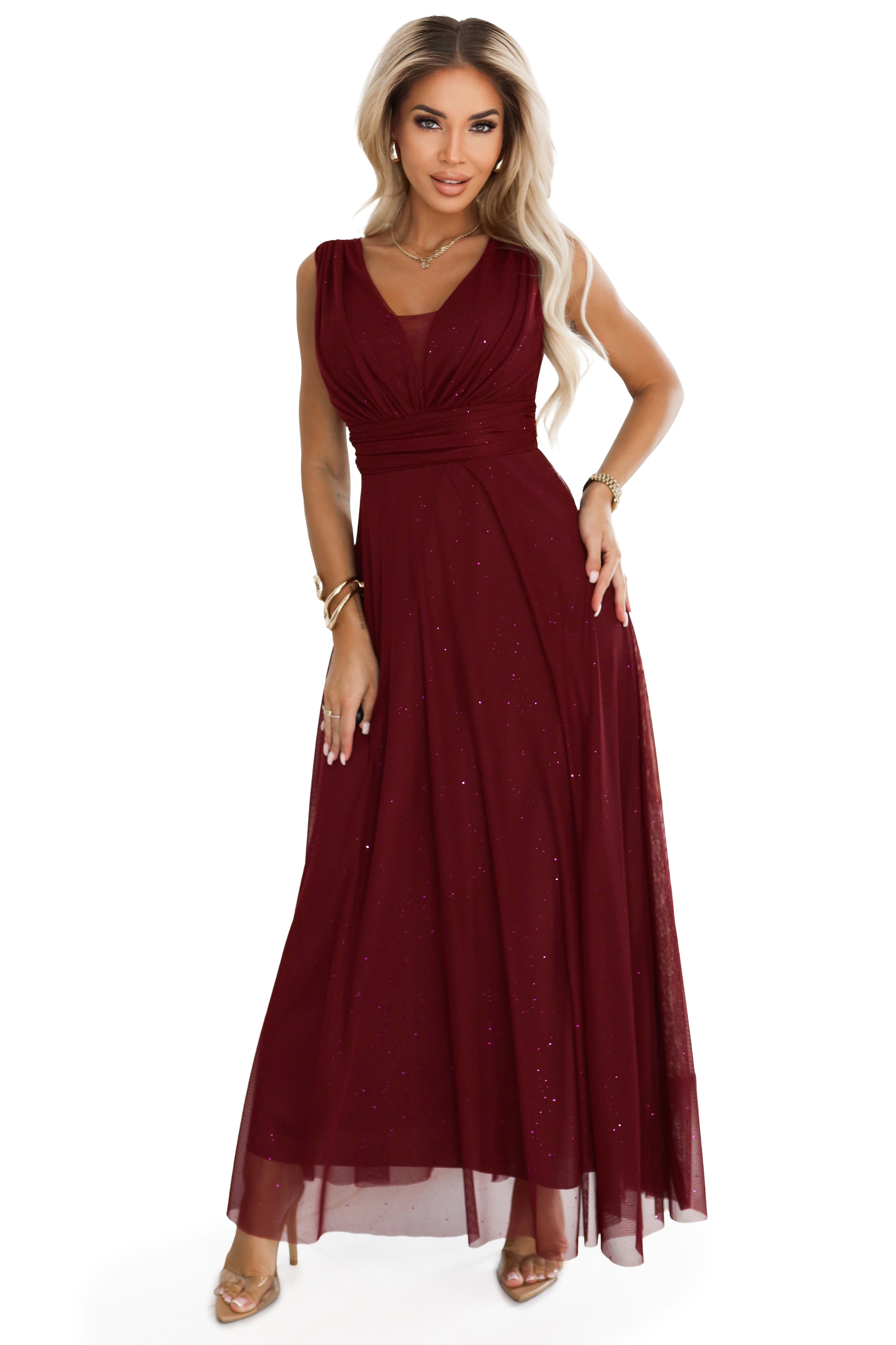 637-1 Langes Abendkleid mit Brokat-Akzent und tiefem Ausschnitt - Burgunderrot