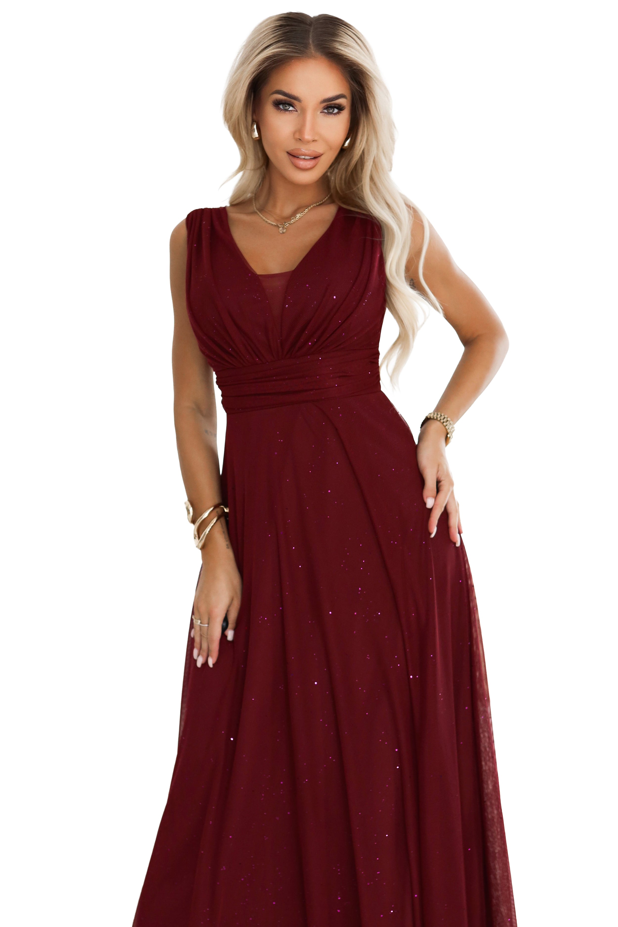 637-1 Langes Abendkleid mit Brokat-Akzent und tiefem Ausschnitt - Burgunderrot