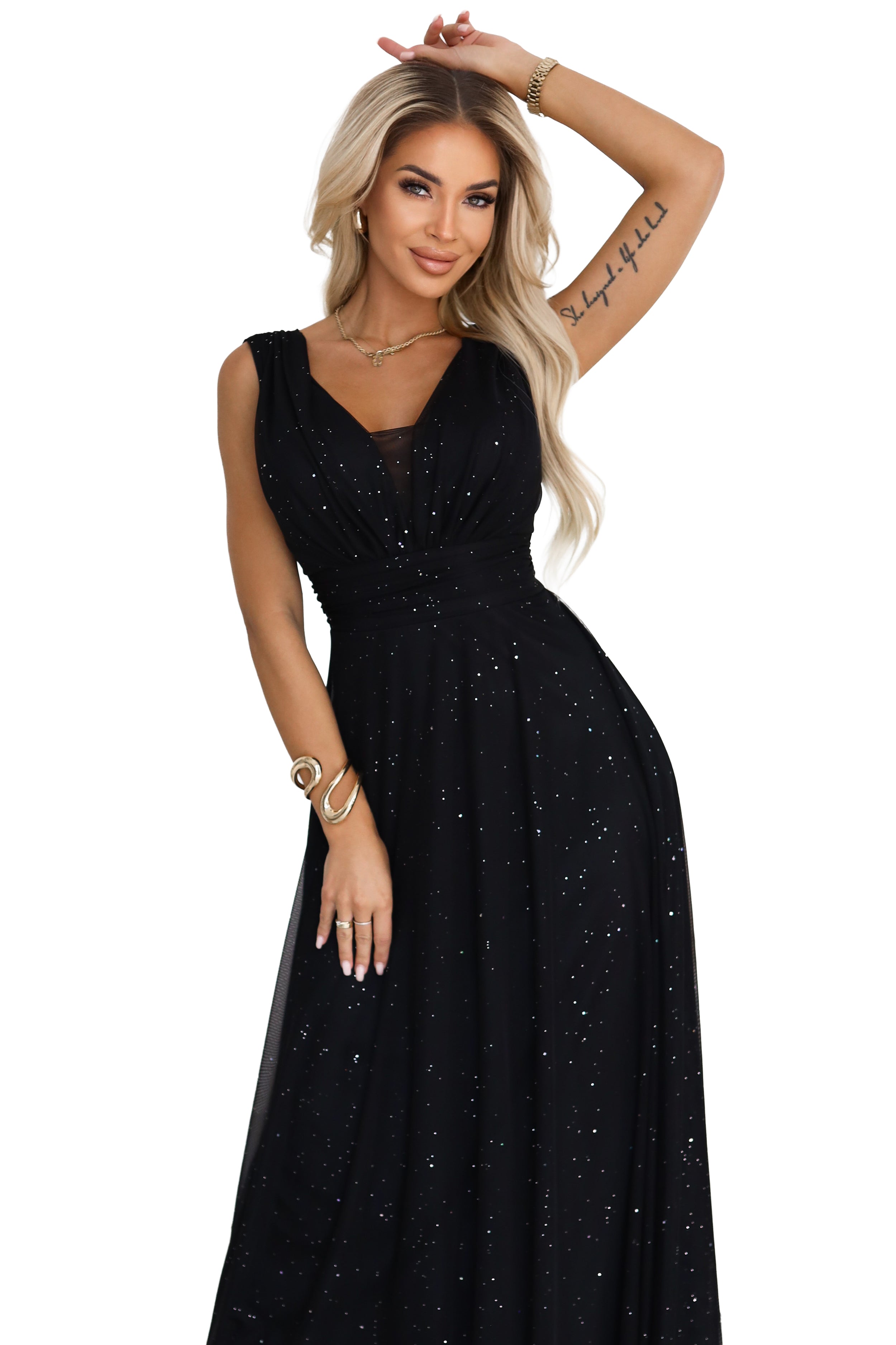 637-2 Langes Abendkleid mit Glitzer-Akzent und tiefem Ausschnitt - Schwarz