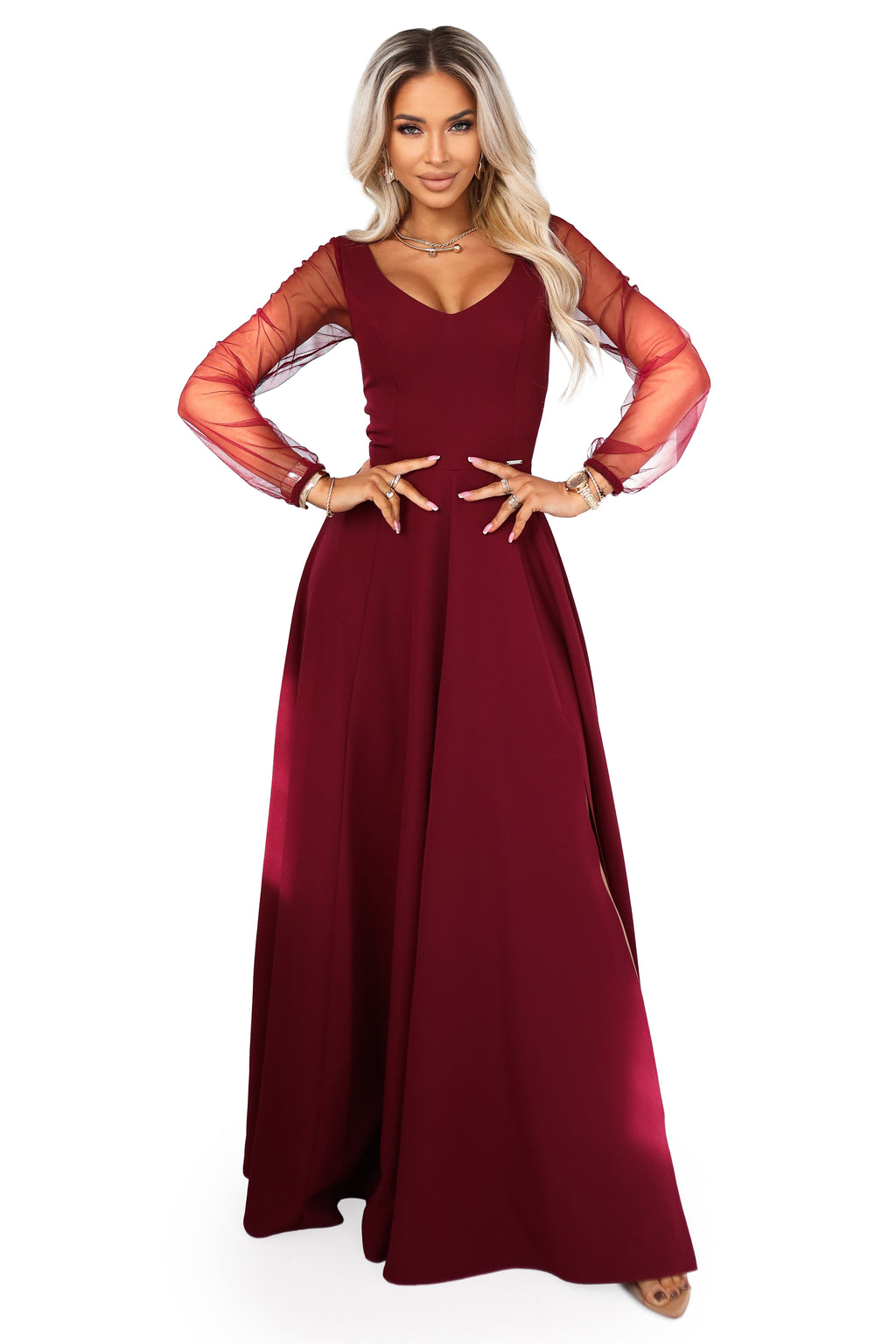 640-1 LORETTA einzigartiges langes Kleid mit Tüllärmeln und -ausschnitt - bordeauxrot