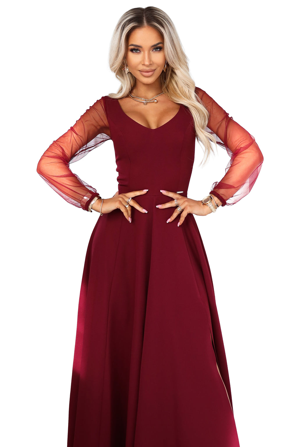 640-1 LORETTA einzigartiges langes Kleid mit Tüllärmeln und -ausschnitt - bordeauxrot