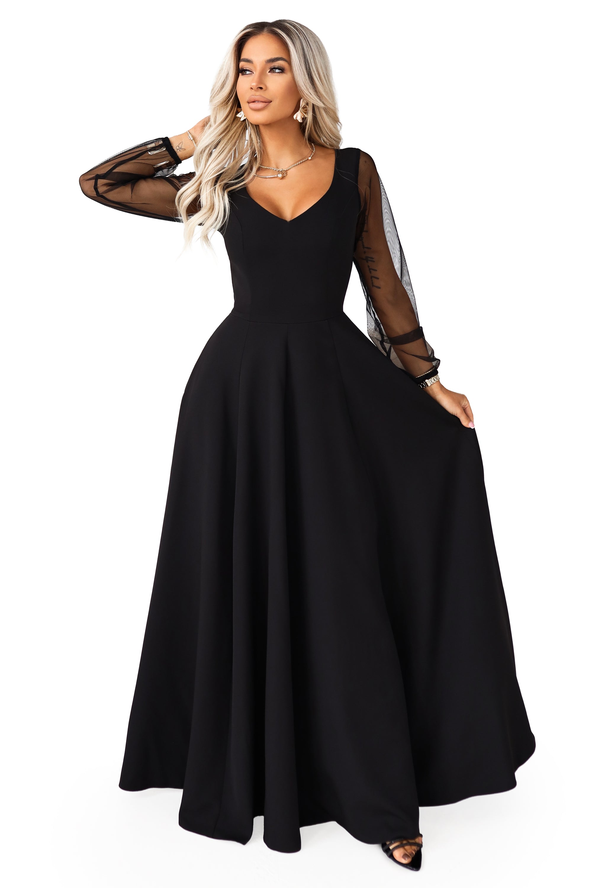 640-2 LORETTA Einzigartiges langes Kleid mit Tüllärmeln und -ausschnitt - schwarz