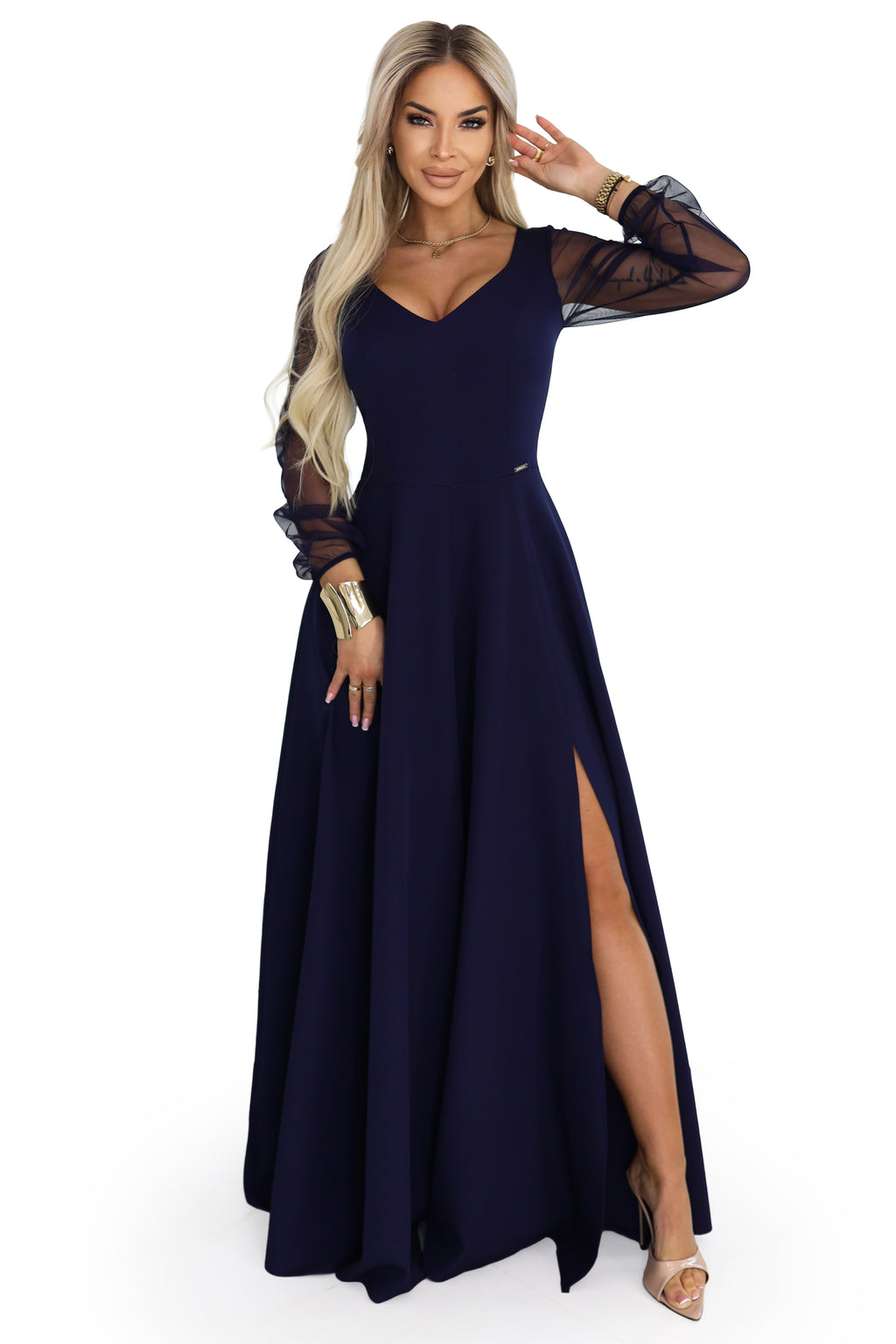 640-3 LORETTA einzigartiges langes Kleid mit Tüllärmeln und Ausschnitt - Marineblau