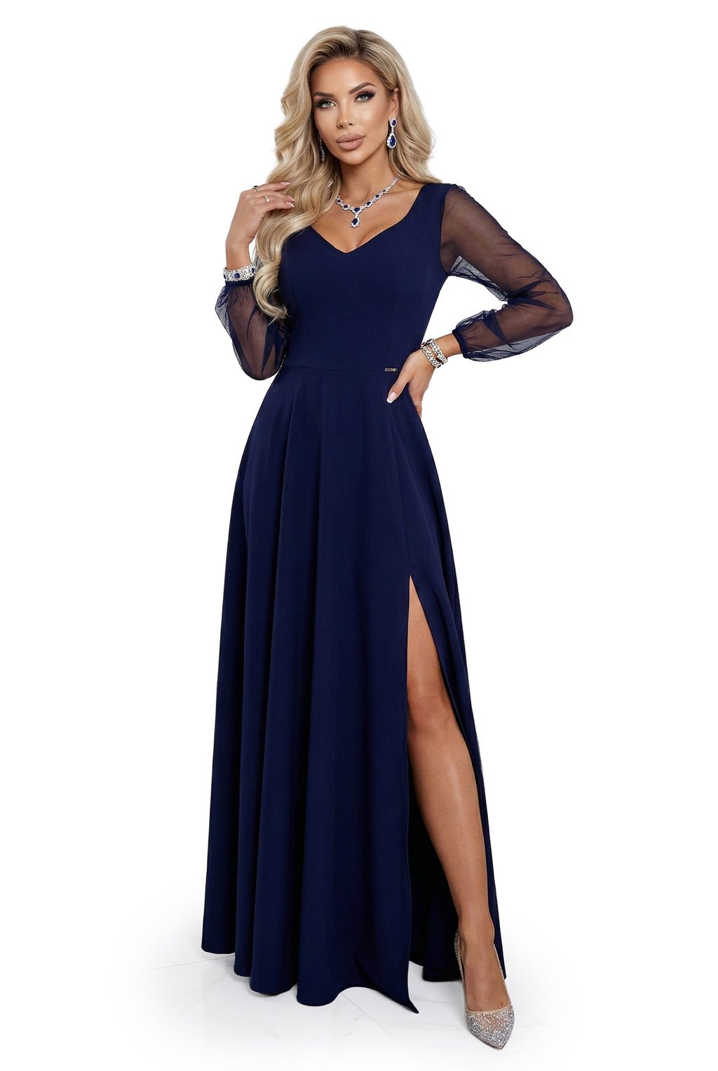 640-3 LORETTA einzigartiges langes Kleid mit Tüllärmeln und Ausschnitt - Marineblau