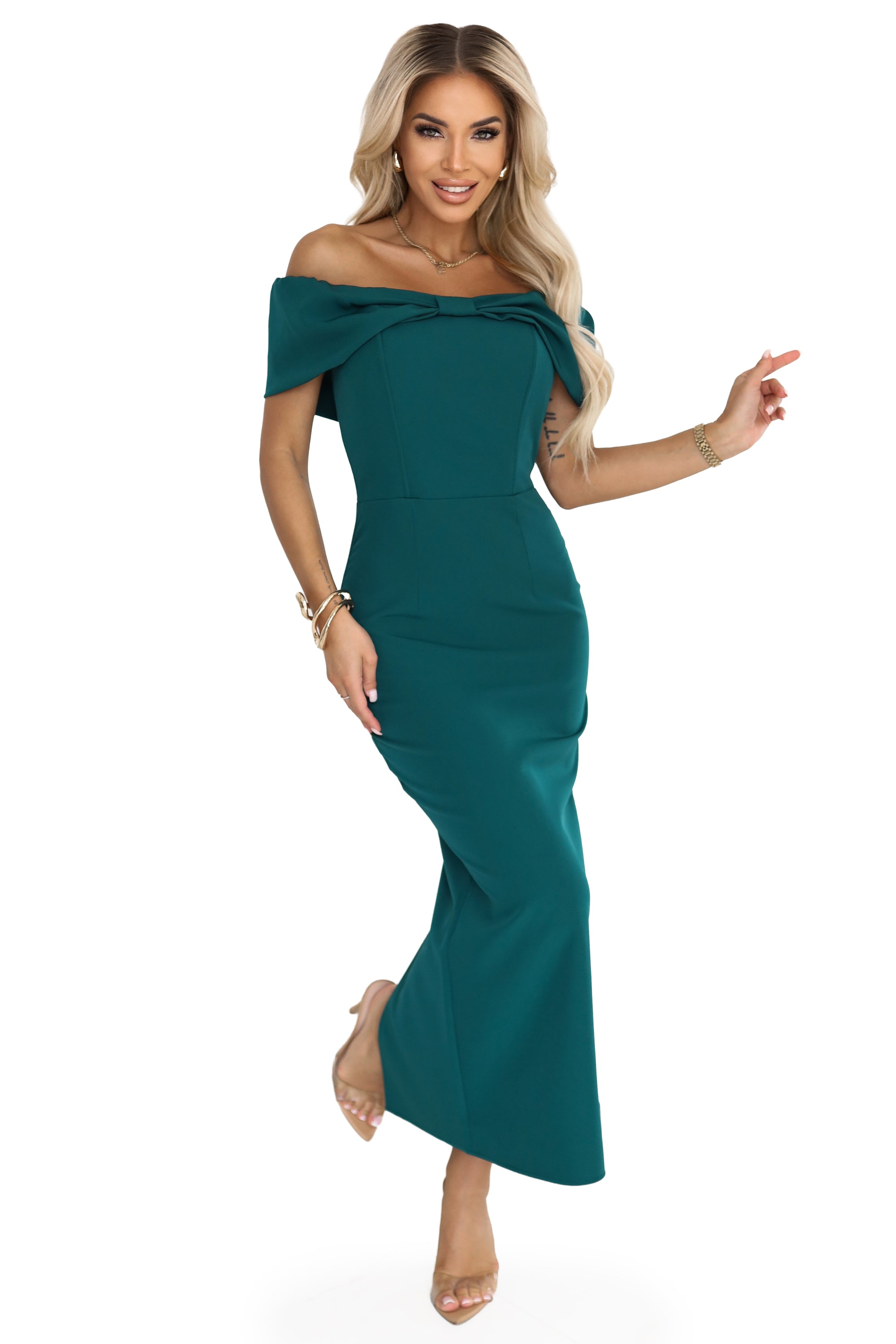 644-1 Sinnliches Midikleid mit Schleife am Ausschnitt - Flaschengrün