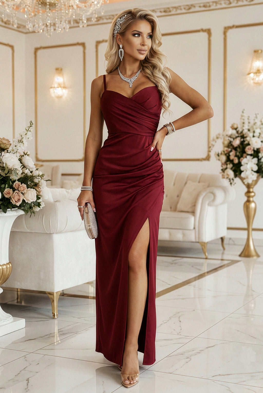 647-1 Figurbetontes, langes Maxikleid mit Wickelausschnitt und Schlitz - bordeauxrot