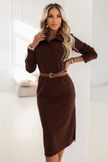 649-1 Elegantes Midikleid mit Kragen und Seitenschlitz - Schokoladenbraun