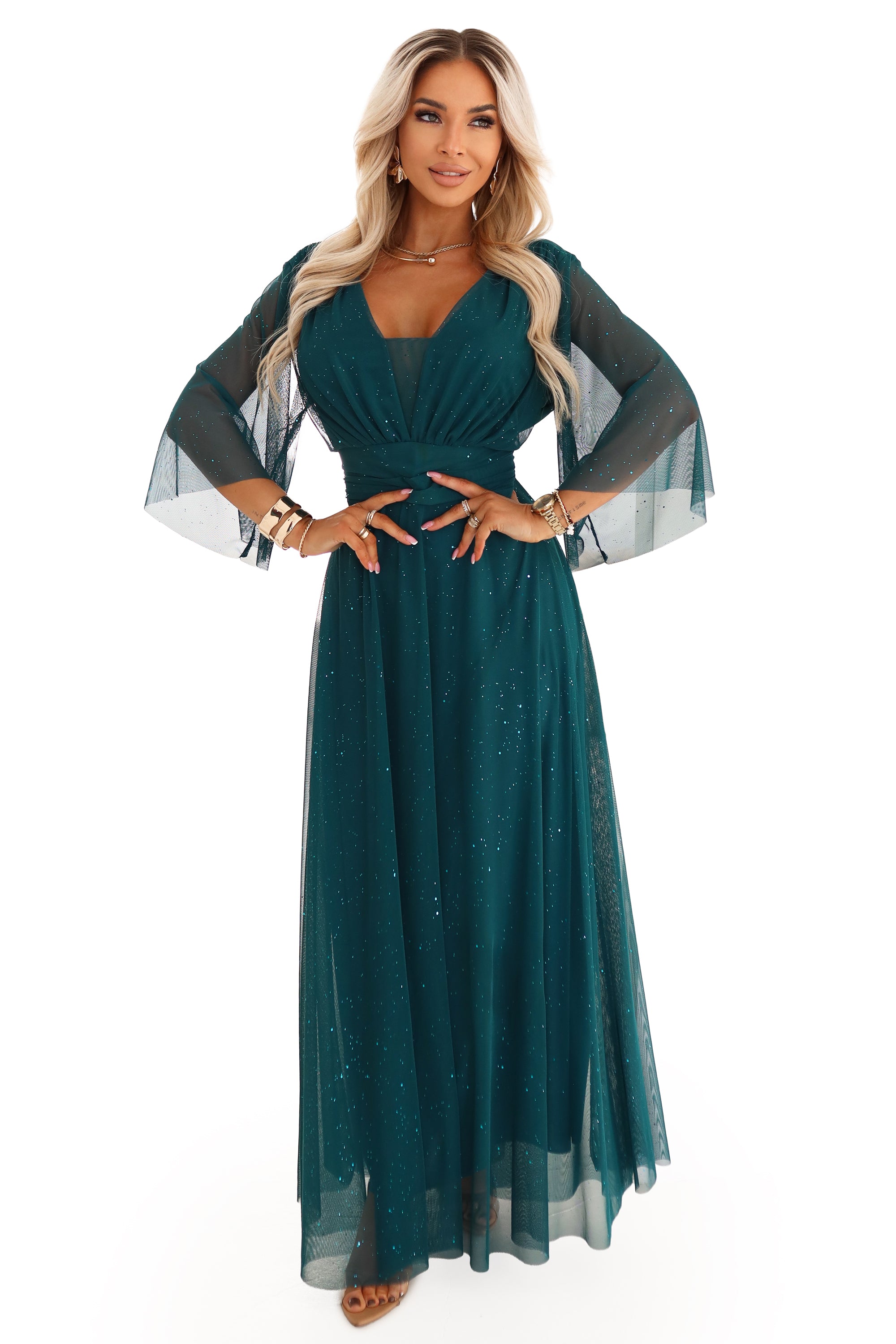 654-1 Langes, schimmerndes Plus-Size-Kleid mit U-Boot-Ausschnitt und transparenten Ärmeln - flaschengrün