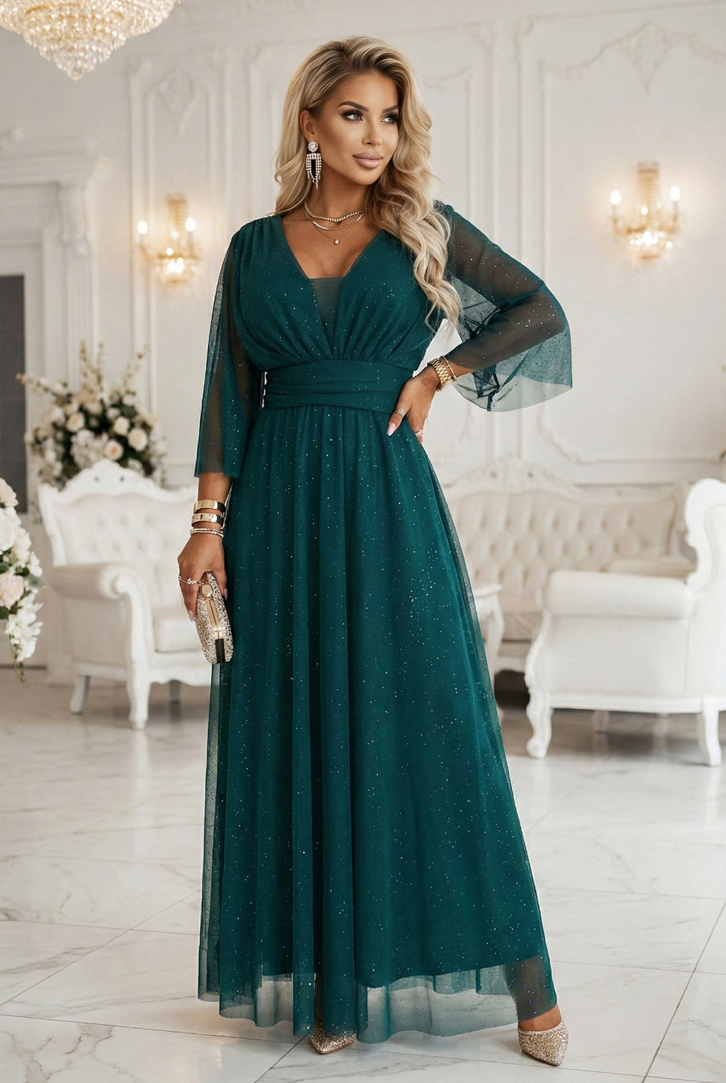 654-1 Langes, schimmerndes Plus-Size-Kleid mit U-Boot-Ausschnitt und transparenten Ärmeln - flaschengrün