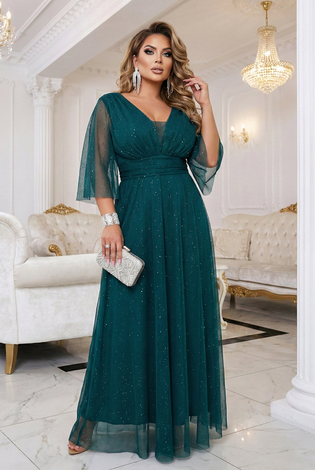 654-1 Langes, schimmerndes Plus-Size-Kleid mit U-Boot-Ausschnitt und transparenten Ärmeln - flaschengrün