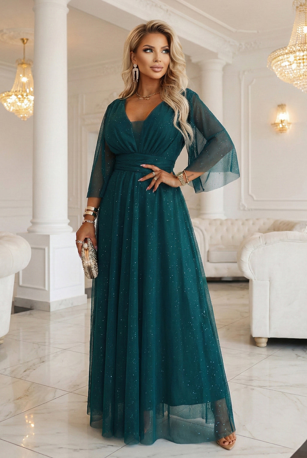 654-1 Langes, schimmerndes Plus-Size-Kleid mit U-Boot-Ausschnitt und transparenten Ärmeln - flaschengrün