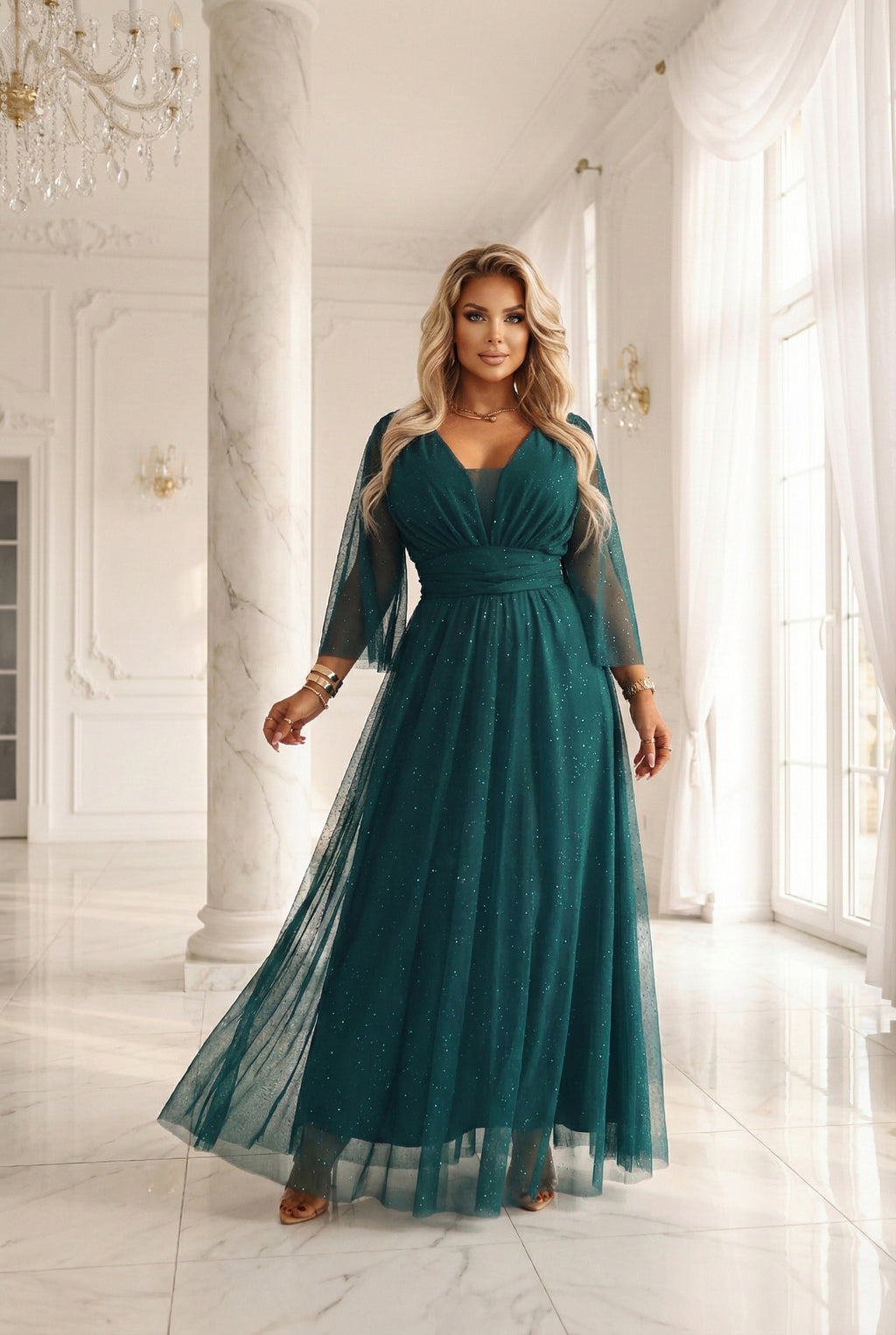 654-1 Langes, schimmerndes Plus-Size-Kleid mit U-Boot-Ausschnitt und transparenten Ärmeln - flaschengrün