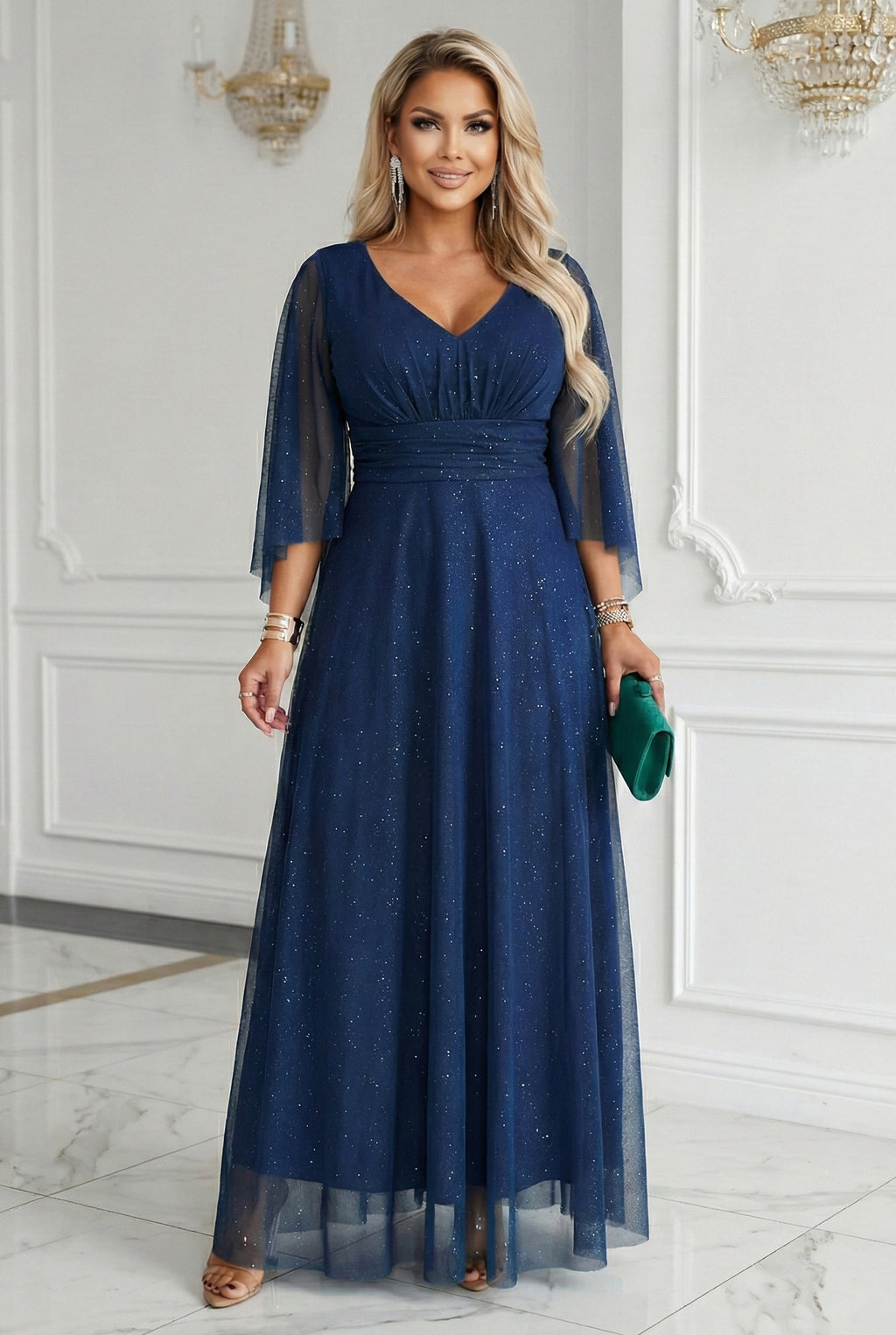 655-3 Ein langes, schimmerndes Kleid mit Ausschnitt und transparenten Ärmeln - marineblau