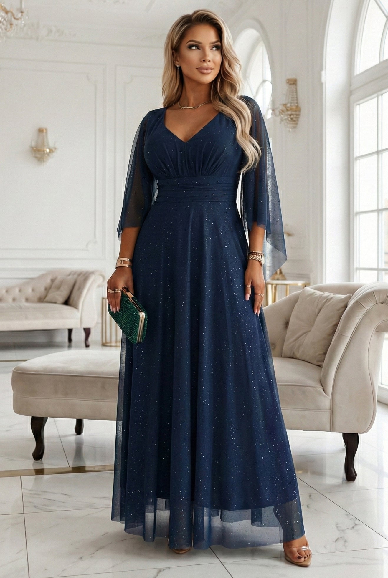 655-3 Ein langes, schimmerndes Kleid mit Ausschnitt und transparenten Ärmeln - marineblau