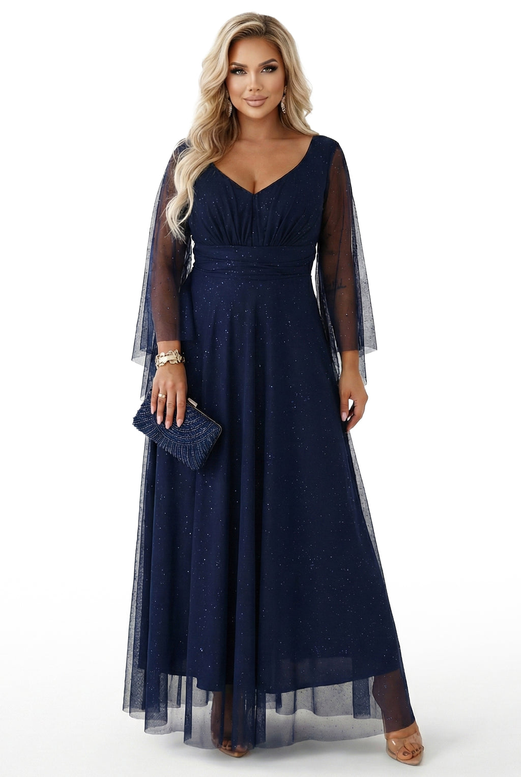 655-3 Ein langes, schimmerndes Kleid mit Ausschnitt und transparenten Ärmeln - marineblau