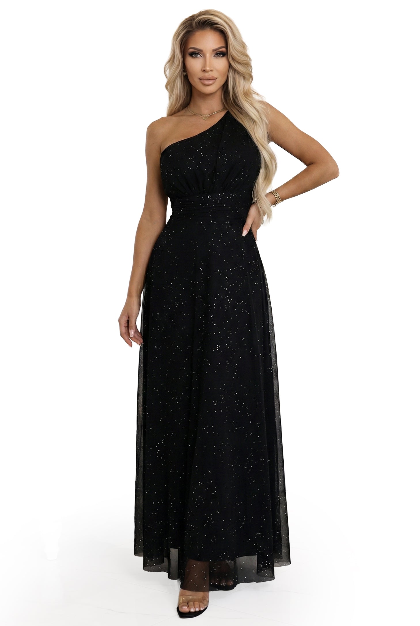 656-3 Langes, glänzendes, schulterfreies Abendkleid - klassisches Schwarz