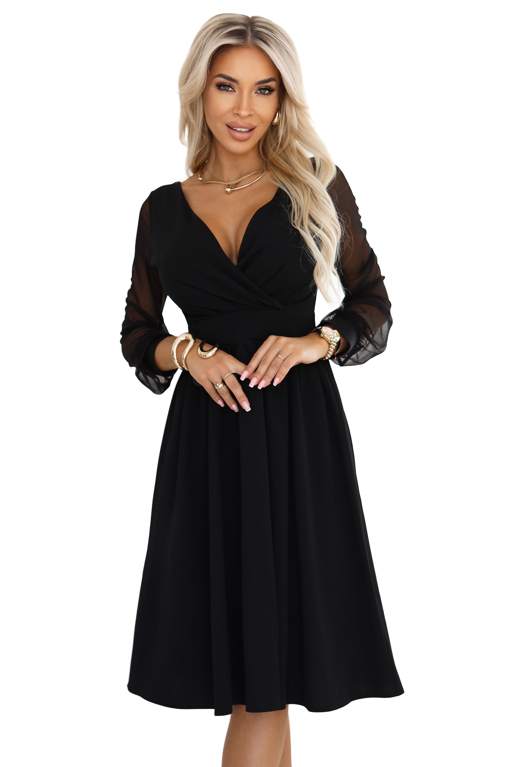 657-1 Elegantes Midikleid mit Wickelausschnitt und Tüllärmeln - schwarz