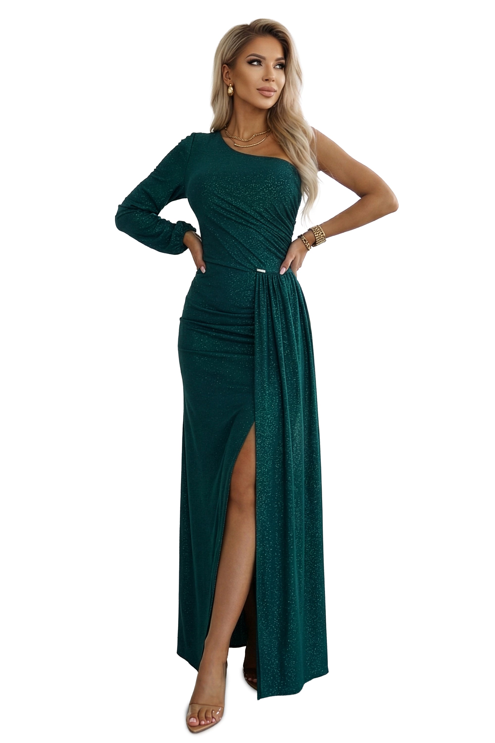 658-2 Glitzerndes, schulterfreies Maxikleid mit asymmetrischen Ärmeln und Schlitz - flaschengrün