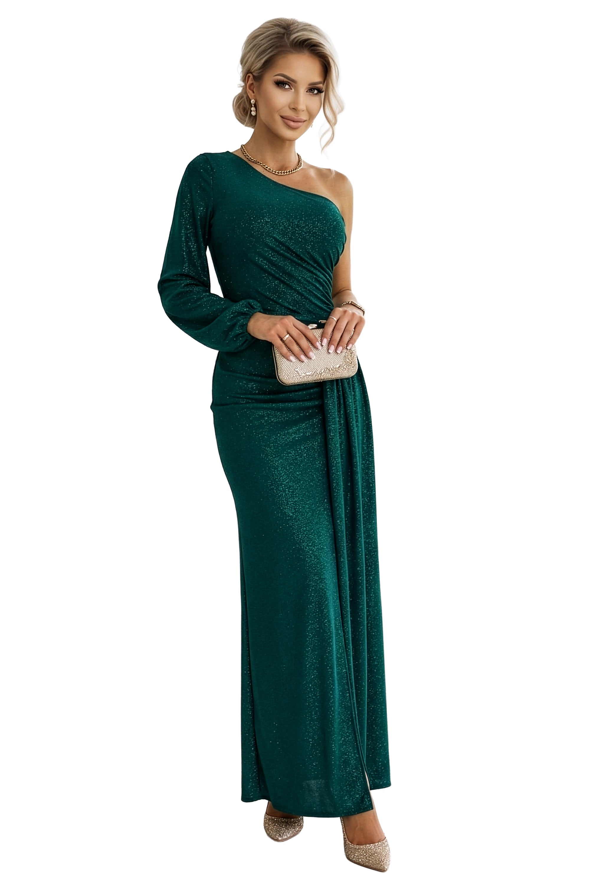 658-2 Glitzerndes, schulterfreies Maxikleid mit asymmetrischen Ärmeln und Schlitz - flaschengrün