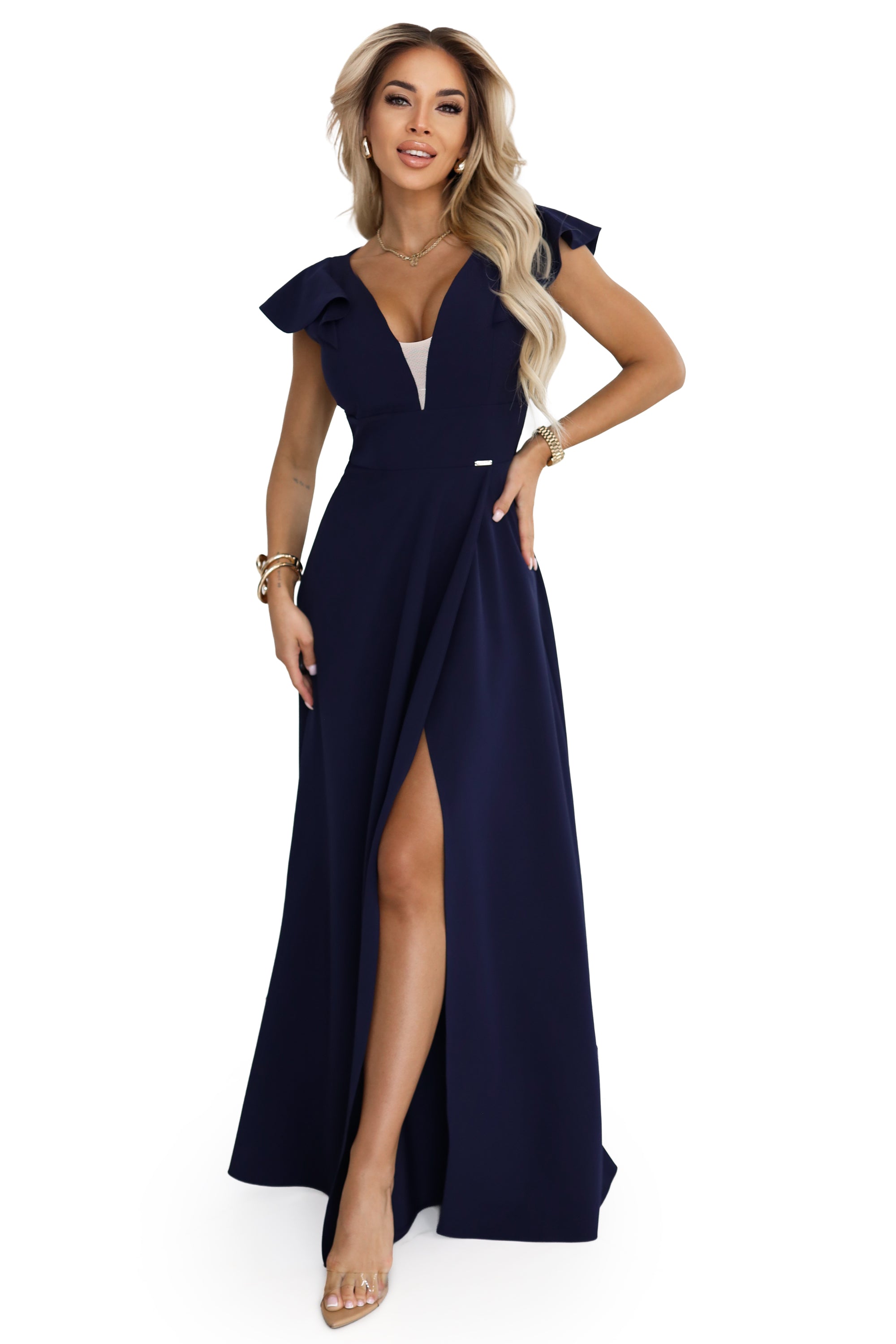 660-1 Elegantes Maxikleid mit Rüschen, tiefem Ausschnitt und Beinschlitz - marineblau
