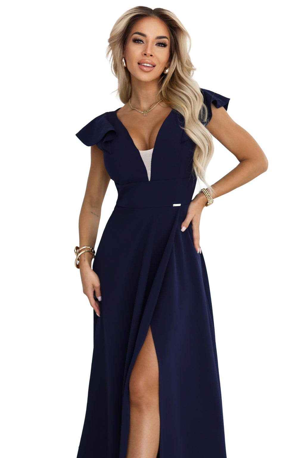 660-1 Elegantes Maxikleid mit Rüschen, tiefem Ausschnitt und Beinschlitz - marineblau