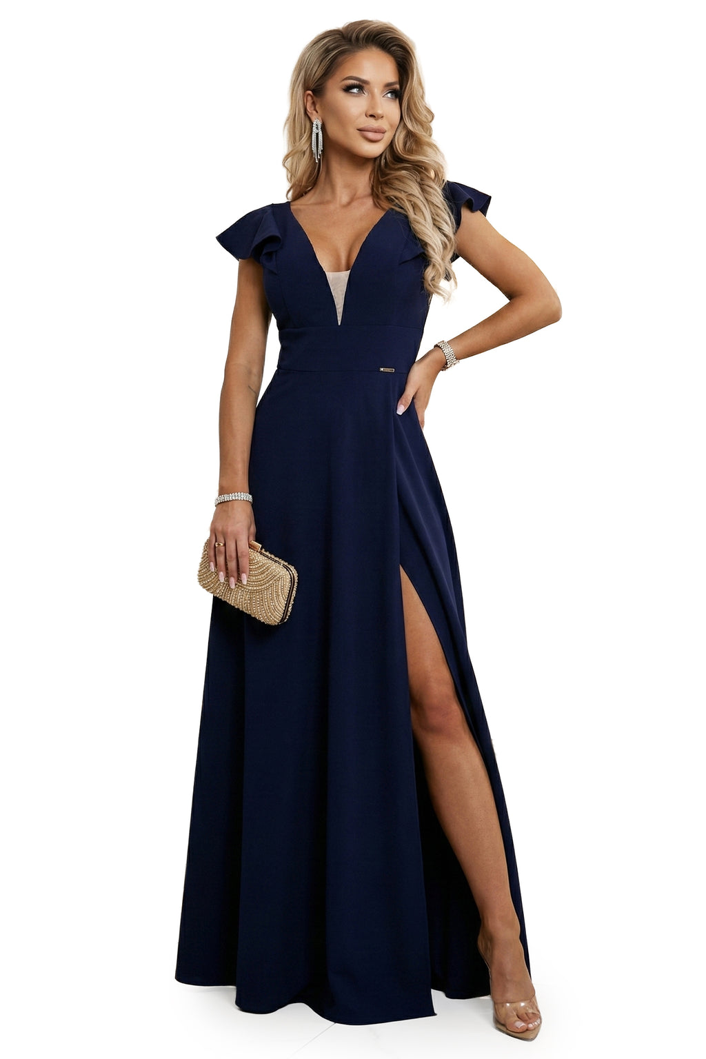 660-1 Elegantes Maxikleid mit Rüschen, tiefem Ausschnitt und Beinschlitz - marineblau