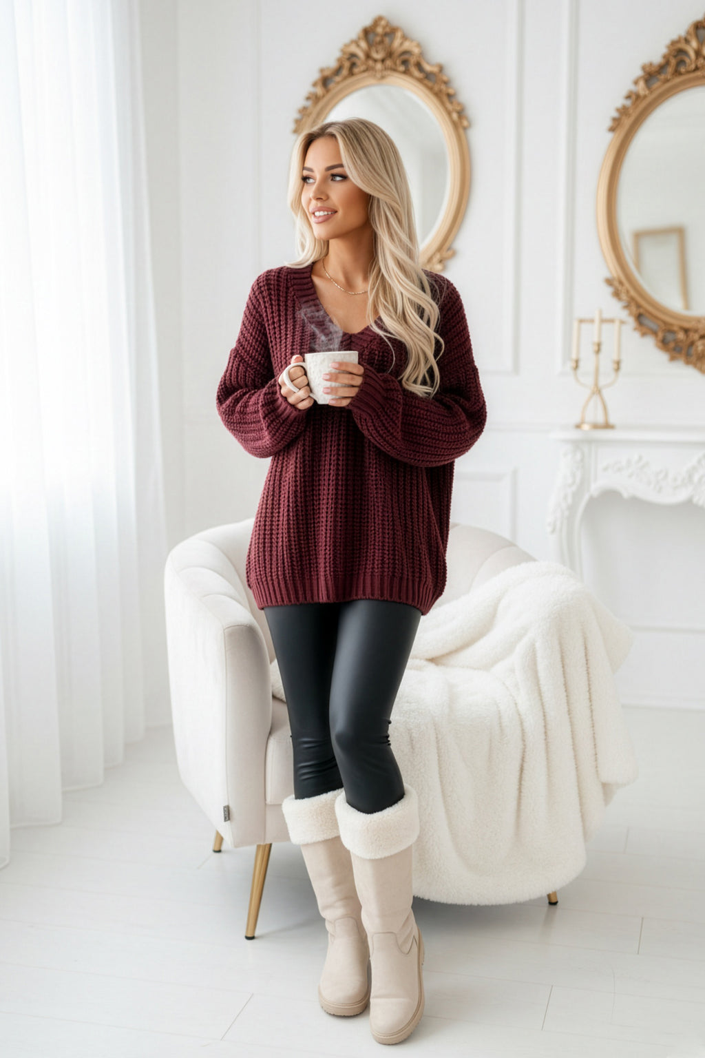 661-1 Warmer, übergroßer Pullover mit grobem Strickmuster und V-Ausschnitt - bordeauxrot