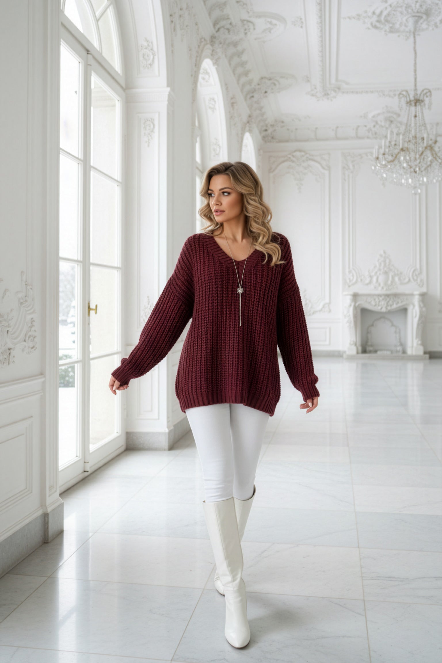 661-1 Warmer, übergroßer Pullover mit grobem Strickmuster und V-Ausschnitt - bordeauxrot