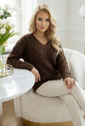 661-2 Warmer Oversize-Pullover mit grobem Strickmuster und V-Ausschnitt - Schokoladenbraun